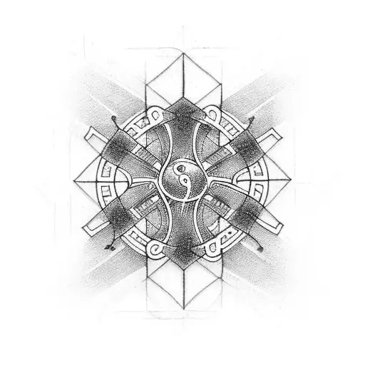 A minimalist blackwork cross with intricate coding patterns tattoo design idea