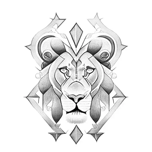 A minimalist blackwork cross, lion and god with intricate coding patterns tattoo design idea