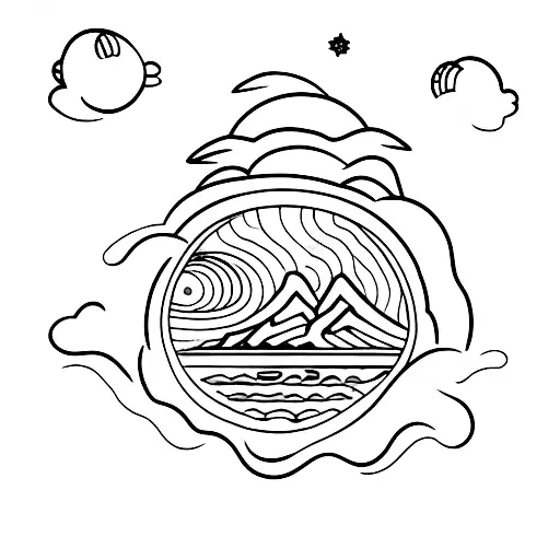 back side of boy sitting on beach side looking at a mountain and sea waves  tattoo design idea