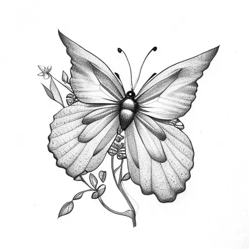 flowers with leaves, butterfly, winged bugs minimalist tattoo design idea