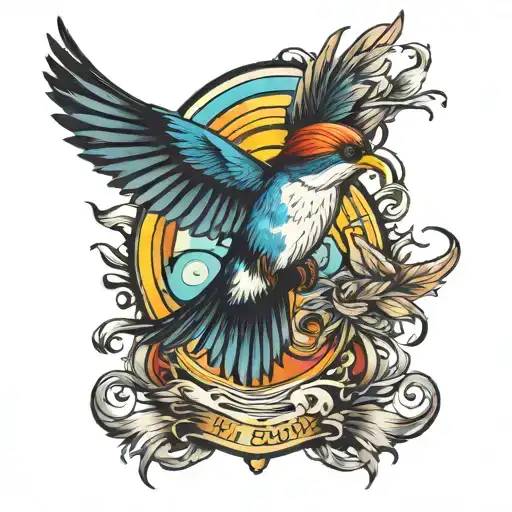 colorful tattoo in classic oldschool style. Swallow, wind, world, freedom, fear tattoo design idea