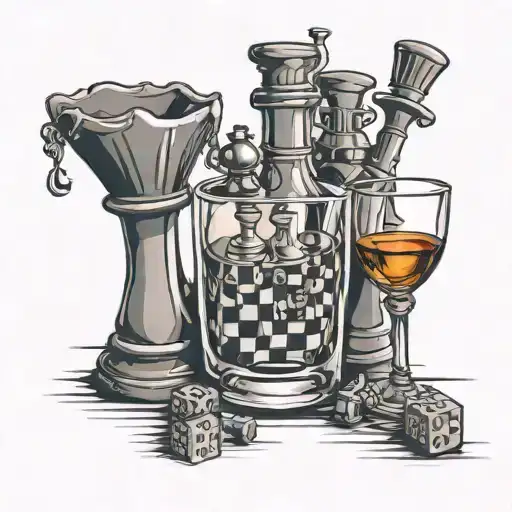 A tattoo design incorporating a glass of whiskey and chess pieces tattoo design idea