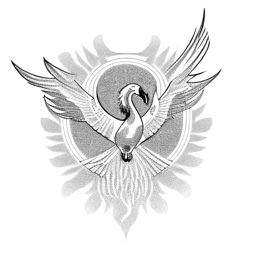 flying Phoenix with a female head located above wearing a helmet of a swan. tattoo design idea