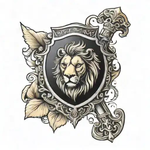 lion sword shield fleur de lis tattoo design idea