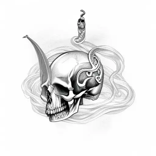 dagger wrapped with a snake piercing a skull tattoo design idea