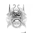 dagger wrapped with a snake piercing a skull tattoo design idea
