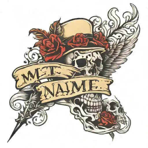 my name writen by a feather pen held by a skeletal hand tattoo design idea