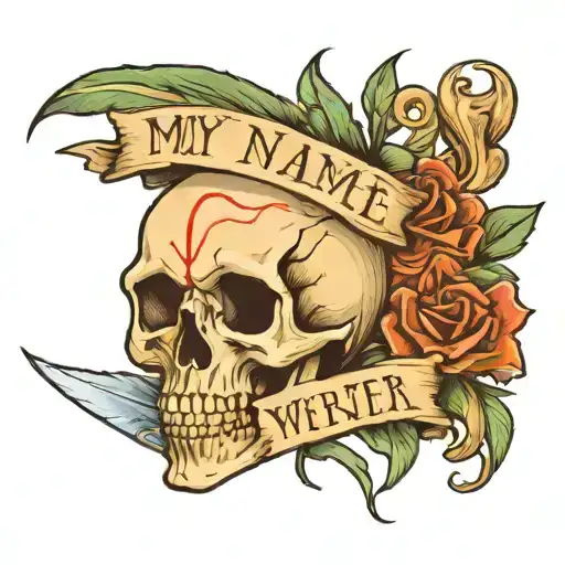 my name writen by a feather pen held by a skeletal hand tattoo design idea