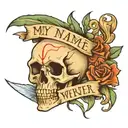 my name writen by a feather pen held by a skeletal hand tattoo design idea
