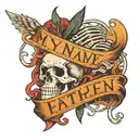 my name writen by a feather pen held by a skeletal hand tattoo design idea