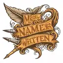 my name writen by a feather pen held by a skeletal hand tattoo design idea