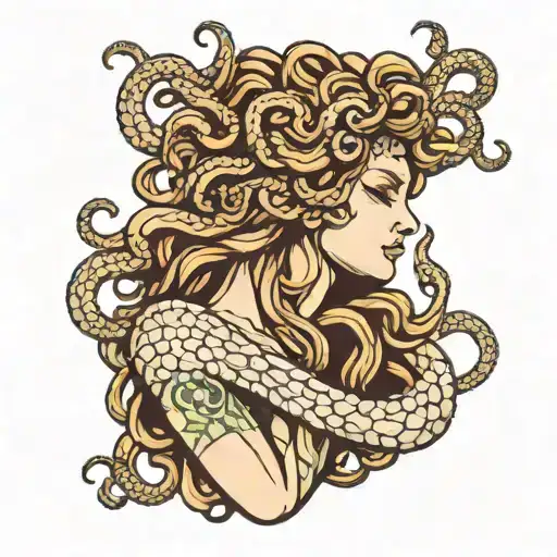 medusa holding head emerging tattoo design idea