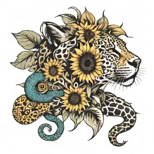 sunflower, jaguar and snake tattoo design idea