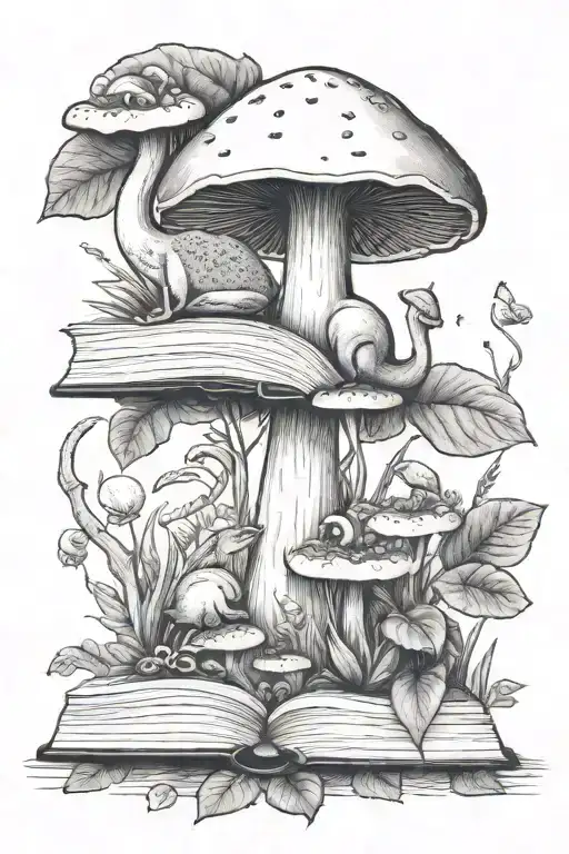 toadstool book leafy plant flamingo sloth tattoo design idea