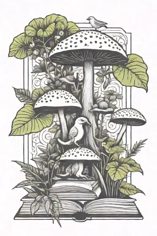 toadstool book leafy plant flamingo sloth tattoo design idea