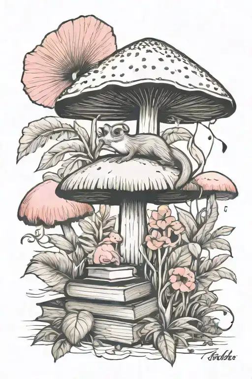 a toadstool a book a leafy plant a flamingo sloth tattoo design idea