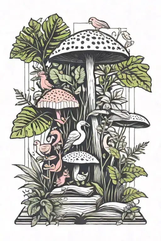 toadstool book leafy plant flamingo sloth tattoo design idea