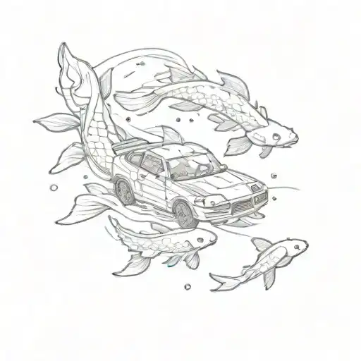 A pixelated video game car driving through a sea of koi carp tattoo design idea