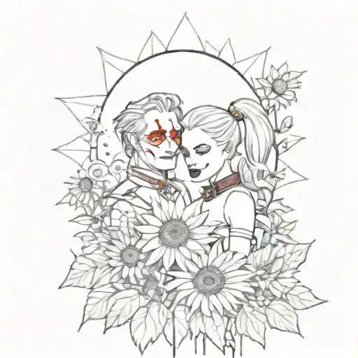 A fusion of blackwork and dotwork tattoo featuring Harley Quinn and Joker in a sunflower garden, capturing the essence of finding peace within chaos tattoo design idea