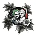 A fusion of blackwork and dotwork tattoo featuring Harley Quinn and Joker in a sunflower garden, capturing the essence of finding peace within chaos tattoo design idea