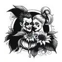 A fusion of blackwork and dotwork tattoo featuring Harley Quinn and Joker in a sunflower garden, capturing the essence of finding peace within chaos tattoo design idea