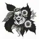 A fusion of blackwork and dotwork tattoo featuring Harley Quinn and Joker in a sunflower garden, capturing the essence of finding peace within chaos tattoo design idea