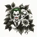 A fusion of blackwork and dotwork tattoo featuring Harley Quinn and Joker in a sunflower garden, capturing the essence of finding peace within chaos tattoo design idea