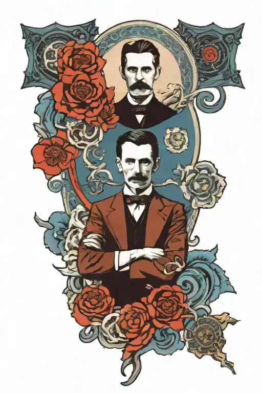 Nikola Tesla standing besides blue and red tattoo design idea