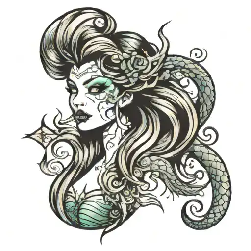 mermaid siren evil beautiful face tattoo design idea