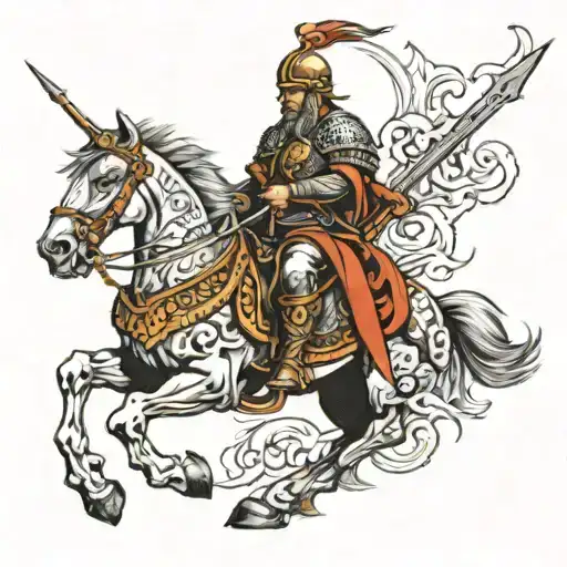 Hun warrior riding and include quote :god gives his toughest battles to his strongest soldiers  tattoo design idea