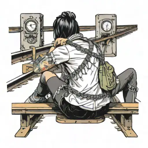 a girl with her hands tied behind het back sittinf on a train track as the train approches tattoo design idea
