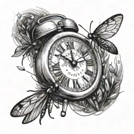 digital alarm clock showing 4:44 pm with fireflies around it tattoo design idea
