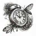 digital alarm clock showing 4:44 pm with fireflies around it tattoo design idea