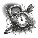 digital alarm clock showing 4:44 pm with fireflies around it tattoo design idea