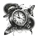 digital alarm clock showing 4:44 pm with fireflies around it tattoo design idea