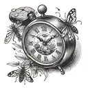 digital alarm clock showing 4:44 pm with fireflies around it tattoo design idea
