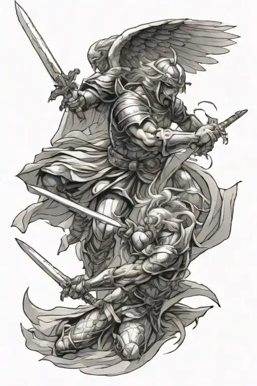 Angelic warrior swordfighting another warrior in an arena tattoo design idea