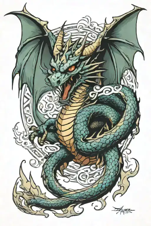 Western dragon friendly fire with portal tattoo design idea