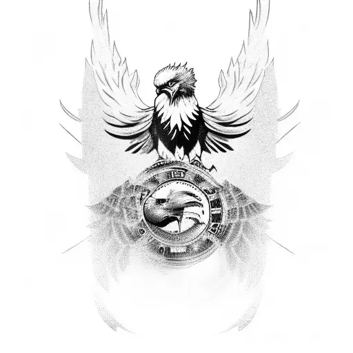 Black-grey tattoo of an eagle breaking through a stock market screen symbolizing financial freedom tattoo design idea