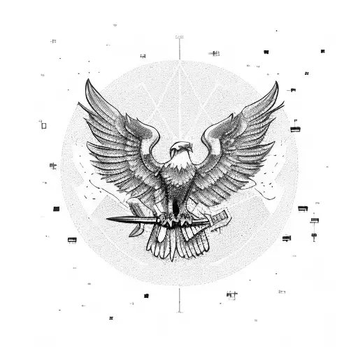 Design a tattoo of an eagle flying over the New York Stock Exchange with the Dow Jones US 30 index in the sky tattoo design idea