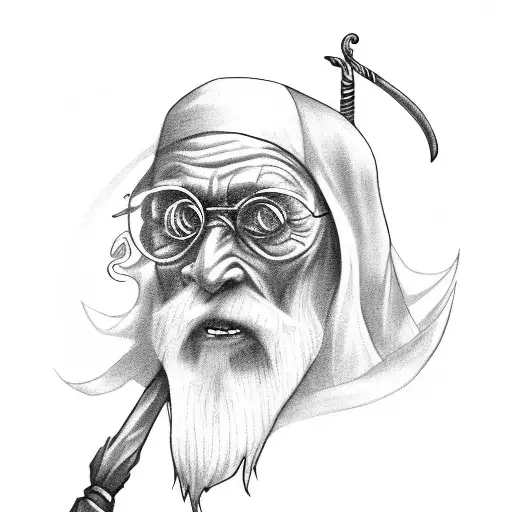old wizard with staff conjuring spells  tattoo design idea