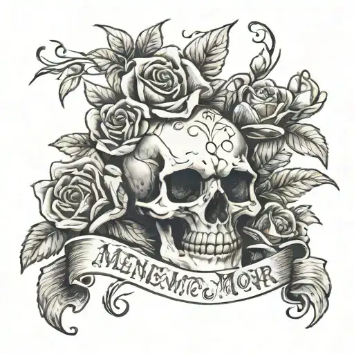 skull with roses and text memento mori written tattoo design idea