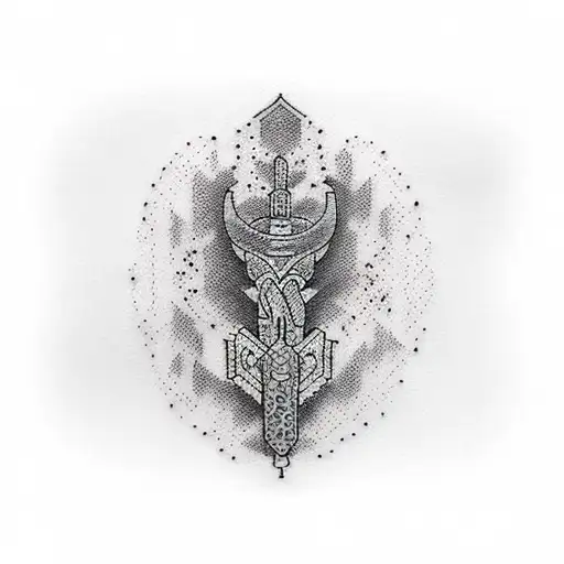 Create a dotwork tattoo of a heartbeat line transforming into a katana blade tattoo design idea