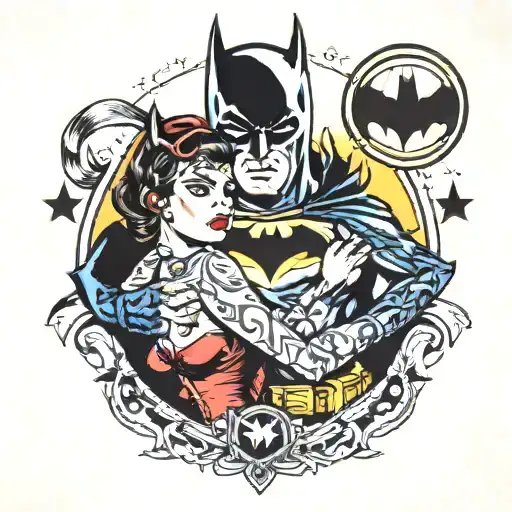 A traditional tattoo design of Batman and Catwoman in a classic pose, with their engagement bands prominently displayed tattoo design idea