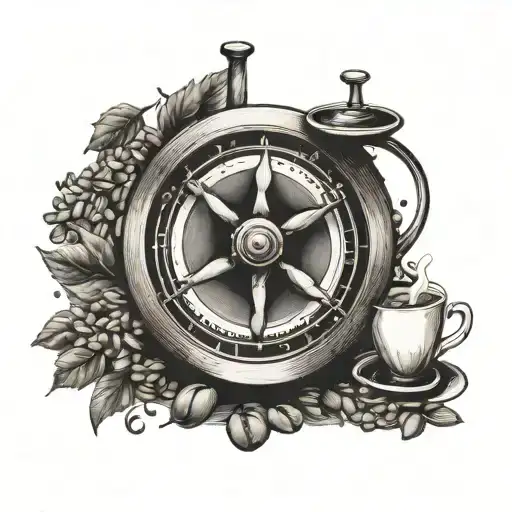 A sleek black and grey tattoo of a spinning wheel surrounded by coffee beans tattoo design idea