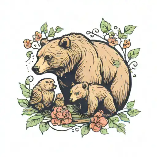 Bear protecting a mother bird and two baby birds tattoo design idea