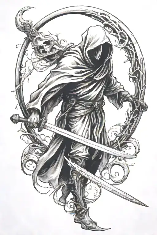 A  sleeve tattoo of a reaper with a crescent moon shaped scythe tattoo design idea