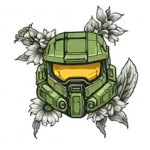 Master Chief Helmet with Gerber daisies around it tattoo design idea