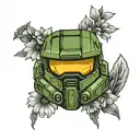 Master Chief Helmet with Gerber daisies around it tattoo design idea