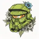 Master Chief Helmet with Gerber daisies around it tattoo design idea